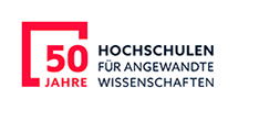 Logo zum fünfzigjährigen Jubiläum der Hochschulen für Angewandte Wissenschaften: Rotes Quadrat mit Text 50 Jahres. Daneben steht Text Hochschulen für Angewandte Wissenschaften.
